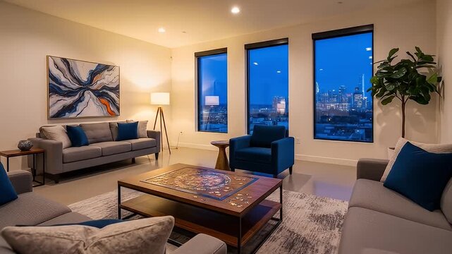 Sophisticated urban living room with night city view, sofas, puzzle, and artwork