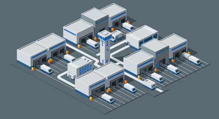Obraz premium Isometric Logistics Hub with Warehouses and Delivery Trucks.
