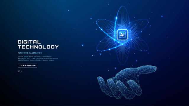 Digital wireframe hand holding AI chip hologram with atom icon. Tech AI semiconductor with circuit board elements. Artificial intelligence innovation concept.  Technology vector illustration.