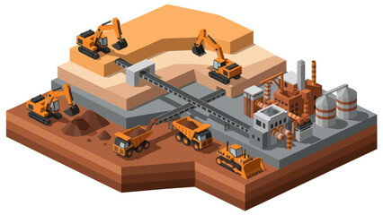 Isometric mining and quarrying operation with heavy machinery. © Ndog