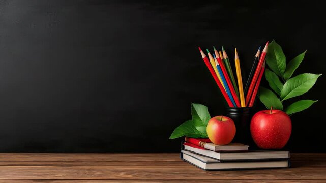 Pencils stand in a jar, red apples rest on books, and green leaves add life to the wooden surface in midday light