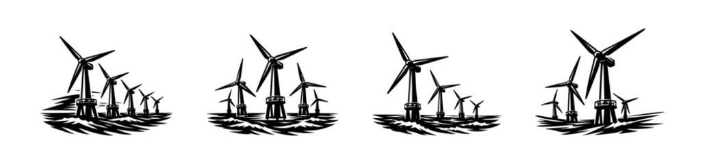 Fototapeta premium Wind turbine set silhouette with ocean waves black and white vector illustration
