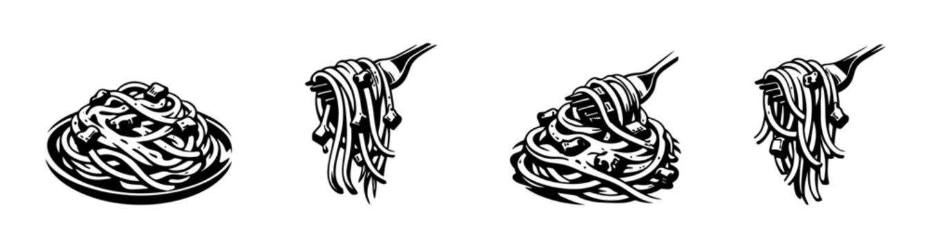 Illustration of spaghetti on fork and plate in black and white vector style