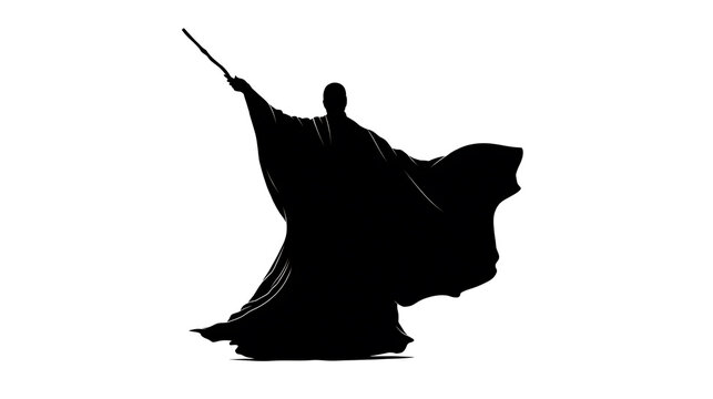 A silhouette of a wizard casting a spell with a wand