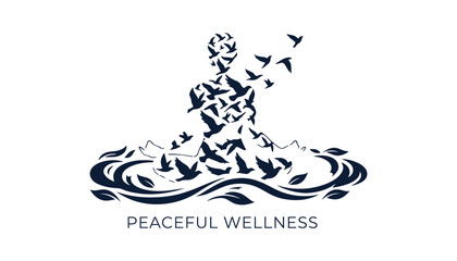 Fototapeta premium A peaceful wellness logo with a person surrounded by birds and water