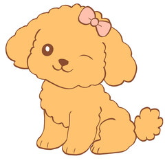 Fototapeta premium Cute Golden Poodle Dog with Pink Bow Sitting and Winking Adorable Puppy Pet Portrait