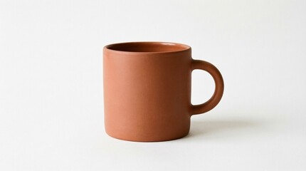 A minimalist terracotta ceramic mug with earthy matte finish, symbolizing simplicity, warmth, rustic lifestyle, and modern design, highlighted against a clean white background for editorial resonance.