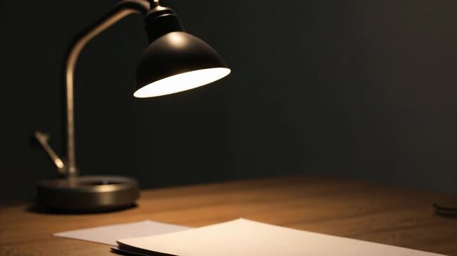 Illuminating stack of white sheets as metal desk lamp head lowering, casting warm light for reading