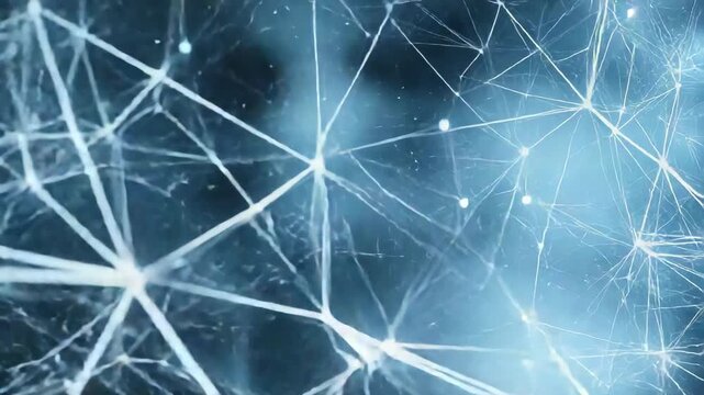 Observing intricate lines and shapes forming a network of connections with glowing points moving in a dark space