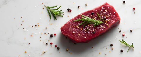 Fototapeta na wymiar Raw steak dressed in spice rain on an ivory canvas ready to sizzle.