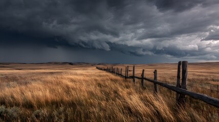 Obraz premium Storm clouds over prairie loom low casting shadows on grasses near a weathered fence.