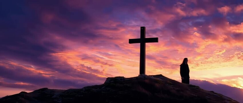 Silhouette of a person standing by a large cross on a hill at sunset. Dramatic purple and orange sky background with colorful clouds. Christian faith, hope, and spirituality concept