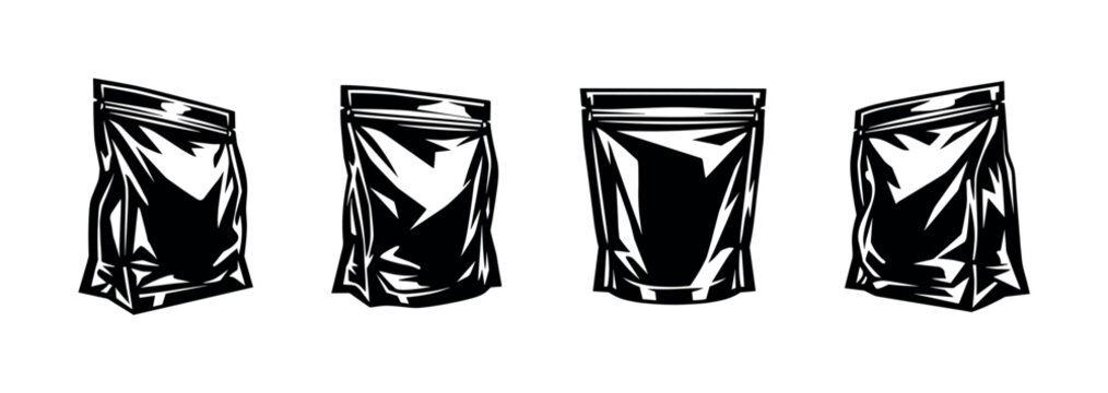 Set of four black and white ziplock packaging bags vector illustration