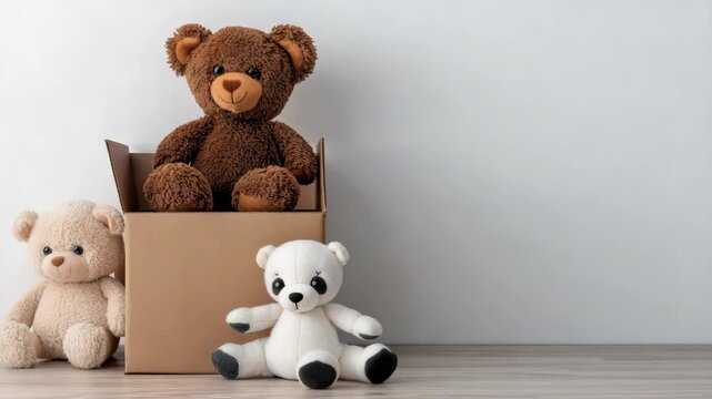 Soft toys are arranged in a box and on the floor. The scene shows different colors and shapes of the toys