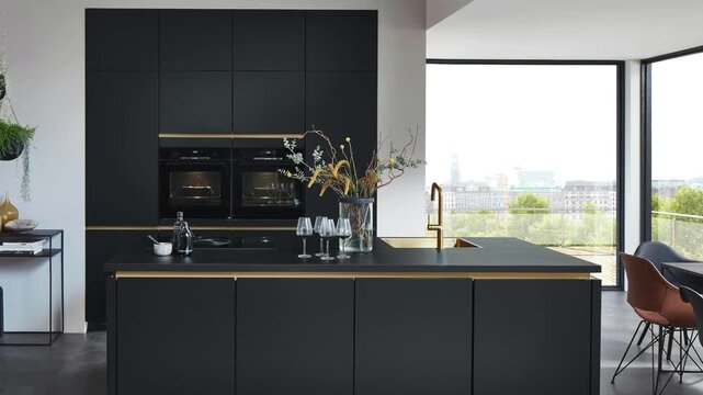 Empty kitchen counter, top table with modern kitchen room background.