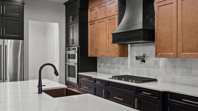 Empty kitchen counter, top table with modern kitchen room background.