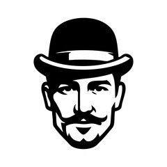 Logo moda de caballero. Icono con dibujo de un hombre con bigote y sombrero bombín  © teracreonte