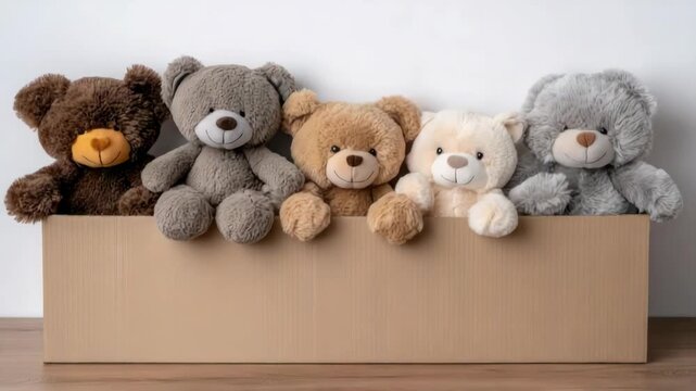 Several stuffed animals gather in a box, sharing moments of fun and joy as they wait to be played with by children