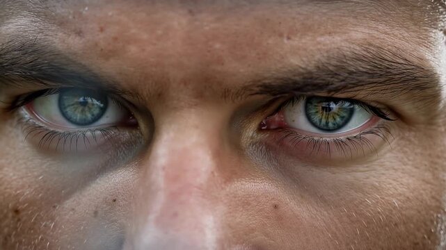 Shifting adult male eyes tracking unseen offscreen movement in tight close-up, showing mesh
