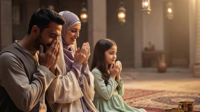 Muslim family praying together in a mosque. Father, mother, and daughter performing Dua during Ramadan. Spiritual devotion and faith concept. Cinematic footage of Islamic worship