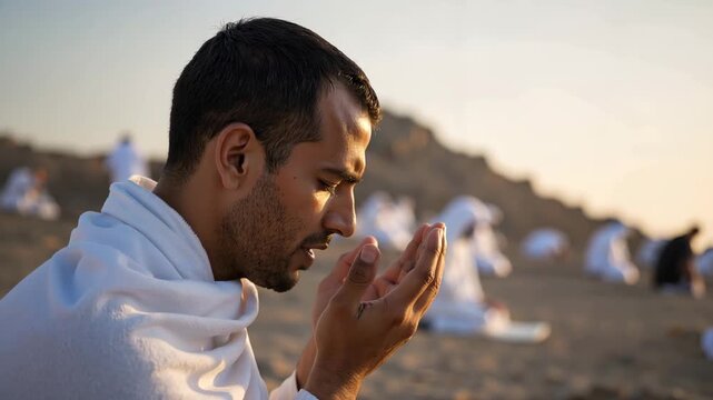 Muslim man in Ihram performing Dua during Hajj pilgrimage. Close-up of a pilgrim praying with raised hands at sunset. Islamic spirituality and devotion concept