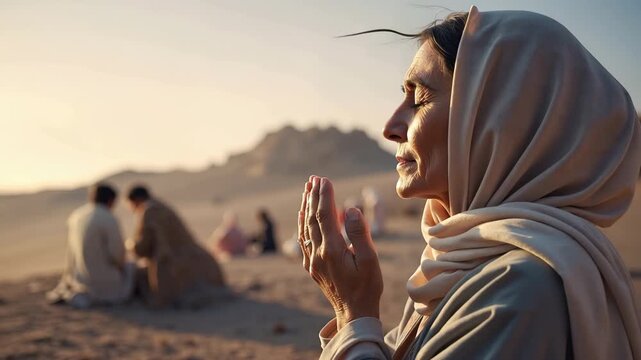 Senior Muslim woman praying in a desert landscape at sunset. Close-up of hands raised in supplication and dua. Spiritual devotion and Islamic faith concept