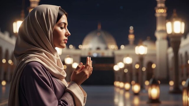 Muslim woman in hijab praying at a mosque at night. Hands raised in supplication and dua. Spiritual devotion during Ramadan or Eid. Cinematic footage of Islamic worship