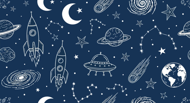 Seamless pattern of white space doodles on a dark blue background with planets, stars, and spaceships.