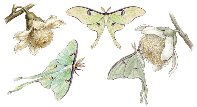Watercolor illustration of green luna moths and large cream tropical flowers botanical art set