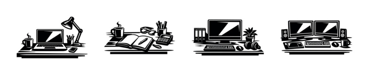 Fototapeta premium Black and white vector silhouette of office and workspace elements set