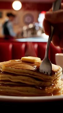 Delicious pancakes with banana and syrup in a cozy diner setting.