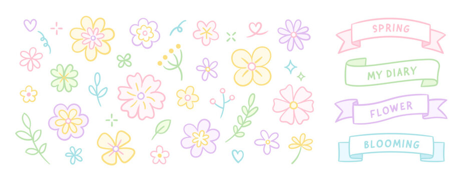 Cute Floral Elements with Ribbons and Bows for Wedding Invitation, Greeting Card Design, and Digital Planner Stickers