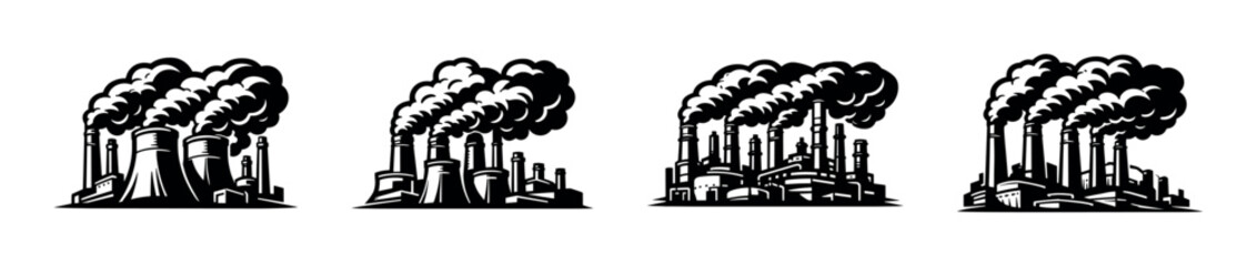 Naklejka premium Black and white industrial factory silhouettes with smoke stacks vector illustration