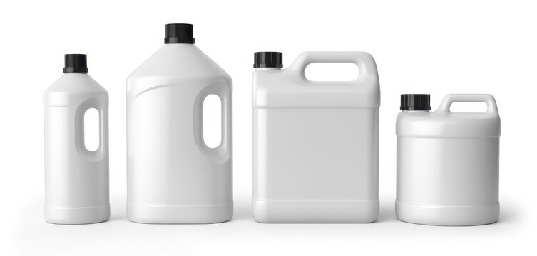 Four white plastic jugs with black caps and handles