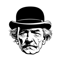Logo moda de caballero. Dibujo de un hombre anciano con bigote y sombrero bombín © teracreonte