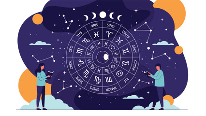 Fototapeta premium Two individuals exploring a large illuminated zodiac wheel with astrological symbols and constellations in a mystical night sky.