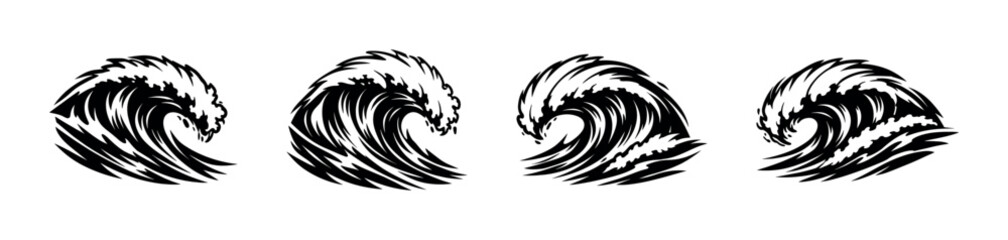 Obraz premium Set of four black and white ocean wave silhouettes vector illustration