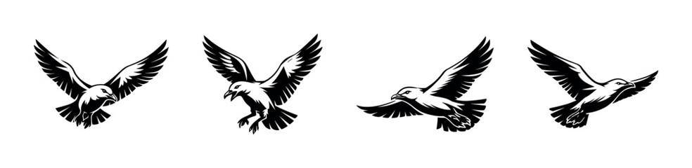 Obraz premium Silhouette vector set of flying ravens in black and white illustration