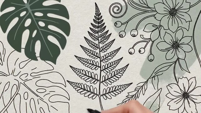 A hand drawing a detailed fern illustration on textured paper. The design features intricate leaf patterns and outlines, showcasing artistic creativity.