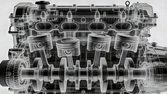 X-ray view of a car engine showing pistons, cylinders, and crankshaft in sharp detail. White background enhances a clean, high-tech, and mechanical aesthetic.