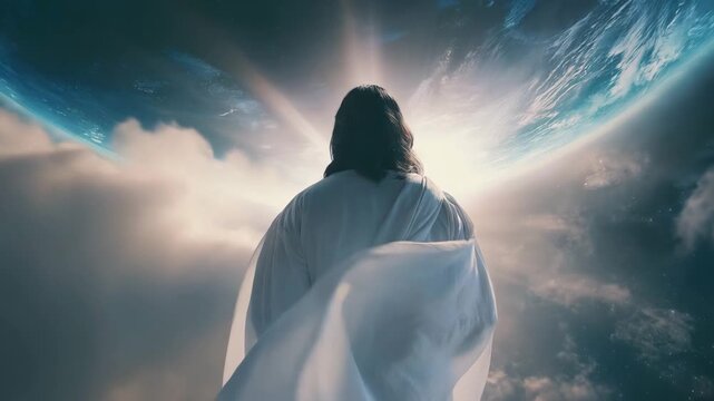 Religious Concept of Jesus Christ and the Second Coming Above the World. Biblical Illustration Scene