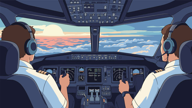 Two pilots operating an aircraft in a detailed cockpit during a serene sunset, overlooking a sky full of clouds in pixel art.