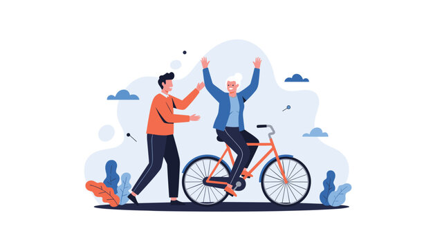 Kind man assisting an elderly woman in learning to ride a bicycle, celebrating her triumph and promoting active aging.