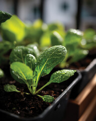 A collection of fresh spinach plants shown in pots, adorned with sparkling dew drops that reflect light, illustrating the beauty and vitality of nurturing homegrown vegetables.