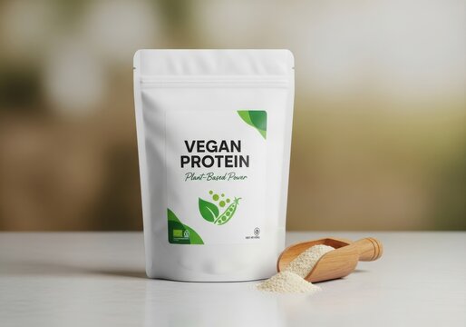 A white bag of vegan protein powder on a table