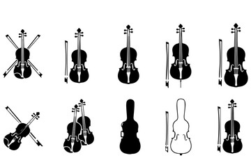 Violin and Cello Silhouette Icons Set with Bows and Case © Vector 4 You