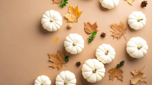 White mini pumpkins arranged with fall leaves and spices on a tan background