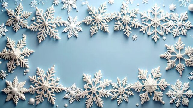 Winter holiday festive border of white snowflakes on pastel blue background