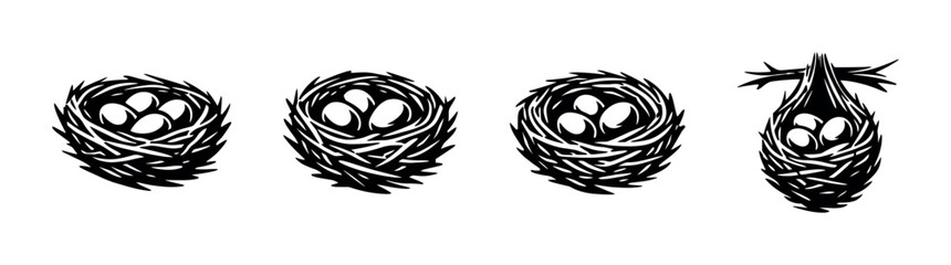 Set of black and white bird nest illustrations with eggs silhouette vector