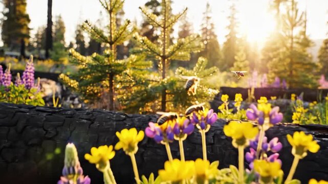 Wildflowers bloom in a forest clearing at sunset. Bees fly around vibrant purple and yellow lupines. Charred logs show natures resilience.